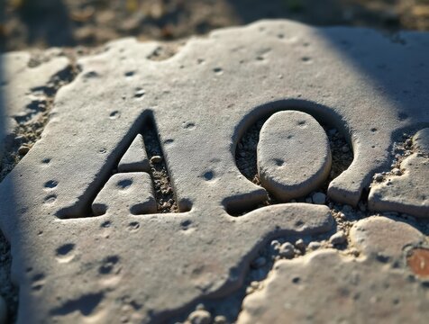 Ancient alpha and omega symbols engraved in stone