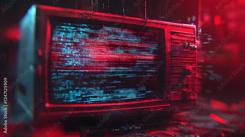 Poster Malfunctioning computer screen with glitchy distorted digital data transmission and electronic circuit board background in dark futuristic cyberpunk style