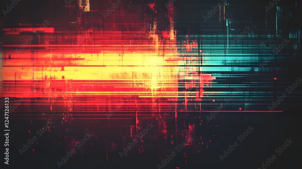 Aufkleber Mesmerizing abstract background featuring a dynamic explosion of vibrant colors glowing light patterns and distorted digital textures creating a futuristic technological
