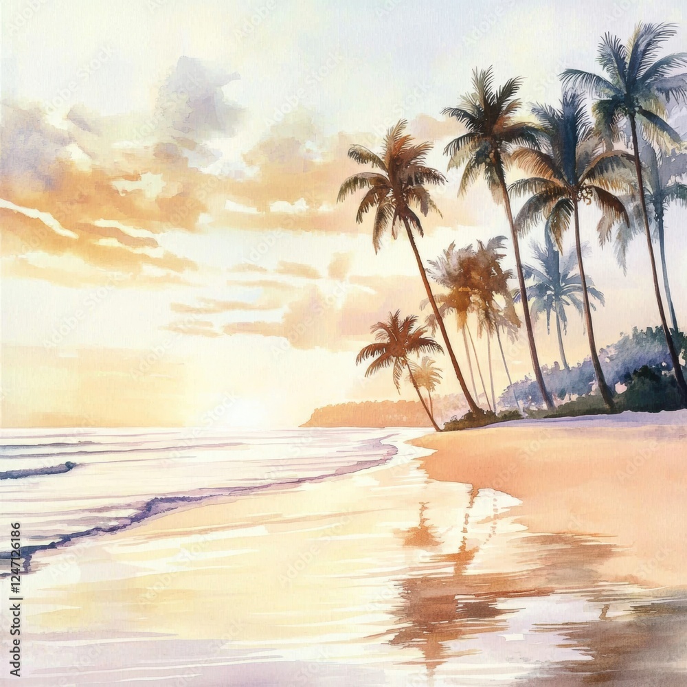 Poster Serene watercolor illustration of a sunset over a tranquil beach with palm trees and gentle ocean waves. Generative AI
