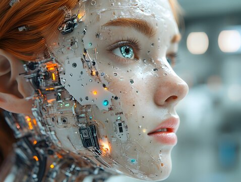 A human-robot hybrid portrait, blending organic and mechanical elements with a futuristic, profound feel. Perfect for cyberpunk designs, AI ads, or articles on humanity's future with machines.