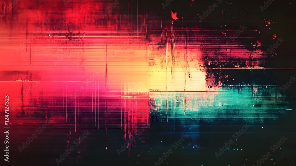 Poster Mesmerizing Chromatic Fusion   An abstract digital that showcases a captivating blend of vibrant colors dynamic gradient movements and a striking glitch effect