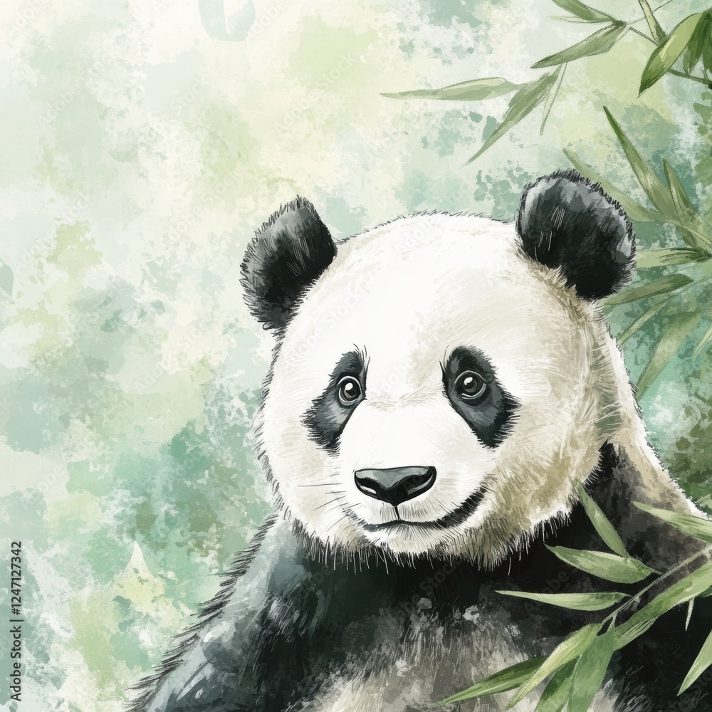 Aufkleber charming panda surrounded by bamboo in a serene watercolor illustration capturing its playful essenc