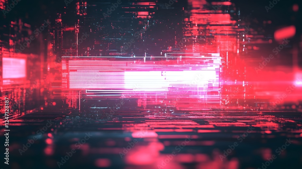 Poster Mesmerizing digital glitch explosion with vibrant neon lights flowing data streams and a futuristic cityscape backdrop  An abstract surreal and visually captivating digital art composition
