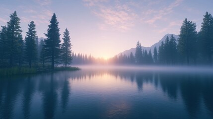 Fototapeta premium Serene sunrise over misty mountain lake with reflected pines