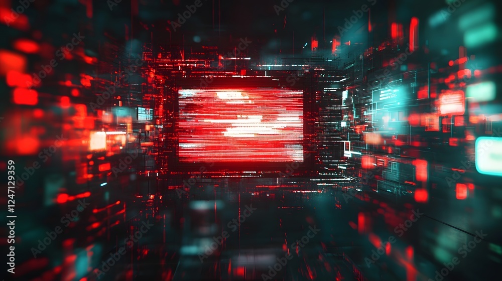 Aufkleber Mesmerizing Futuristic Digital Landscape with Luminous Neon Lights and Captivating Glitch Effects  Visually striking abstract composition with dynamic patterns geometry