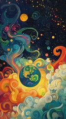 Cosmic swirls envelop a vibrant planet among stars