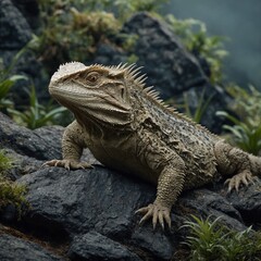 Fototapeta premium Illustration of Lizard Worldwide Tuatara resting on glowing mossy rocks under soft sunlight. iguana on the rock Close-up of a light gray lizard with dark markings, perched on brown earth. A close-up 