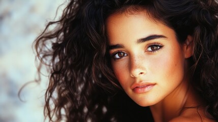 Naklejka premium Young hispanic female with curly hair and freckles looking intently