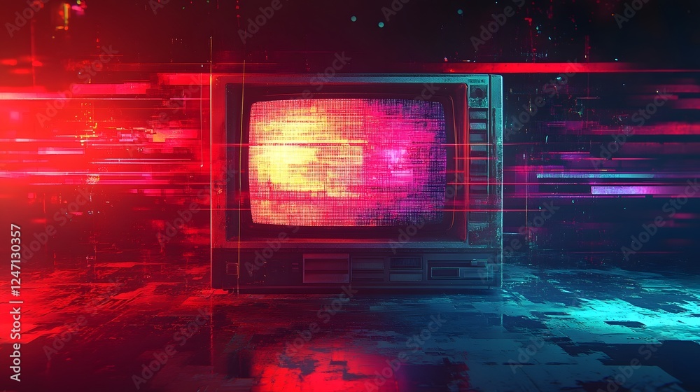 Poster Retro glitch neon abstract futuristic lighting digital art background with vibrant colors distorted patterns and a sense of technological obsolescence and nostalgia
