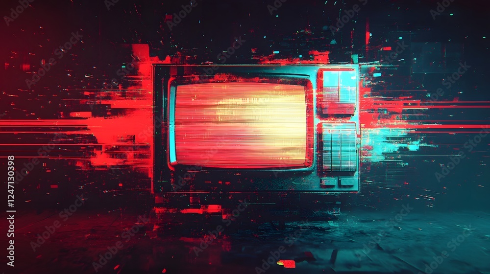 Poster striking futuristic digital art with a retro glitch aesthetic featuring a distorted tv screen displa