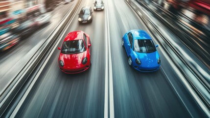 Red and blue compact cars moving at high speed on an asphalt city road, illustrating urban transport during rush hour and highlighting the implications of fuel consumption