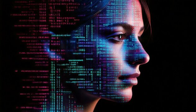 Metade na luz, metade na sombra, um rosto virado para o lado emerge da intera&ccedil;&atilde;o de contrastes e car&aacute;cteres em linguagem de programa&ccedil;&atilde;o.