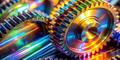 Metallic gears of various sizes and shapes are closely arranged, displaying a spectrum of colors from light reflections on their polished surfaces