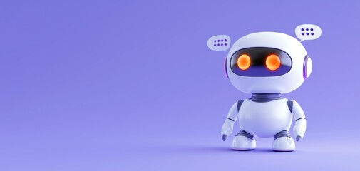 A high-tech purple robot with bright orange eyes, visually communicating through abstract speech bubbles in a clean, minimalist setting