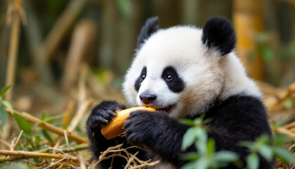 Fototapeta premium baby-panda-eating-food-in-the-bamboo-garden
