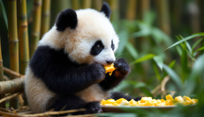 Obraz premium baby-panda-eating-food-in-the-bamboo-garden