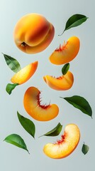 Obraz premium Sliced ​​Fruits, Vegetables and Greens Floating with Water Drops, Abstract Image, Texture, Pattern Background, Wallpaper, Cover and Screen for Smartphone, PC, Laptop, 9:16 and 16:9 Format
