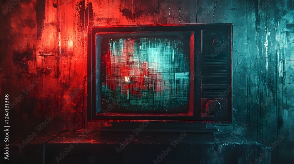 Poster Unsettling vintage television static with distorted neon hues flickering glitches and eerie digital interference creating a moody dystopian atmosphere with a sense of unease and foreboding