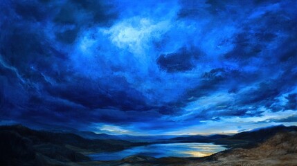 Dramatic blue sky over serene landscape at twilight: nature's majestic beauty in tranquil evening scene. International Dark Sky Week