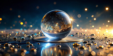 A crystal ball rests on a reflective surface, revealing a stunning galaxy within, surrounded by glowing orbs and a luminous atmosphere, creating a magical nighttime scene