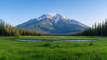 Majestic snow-capped mountain vista, serene valley meadow, summer morning