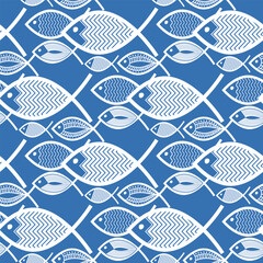 drawing fish white blue ocean sea waves seamless pattern, marine theme for decoration wallpaper, banner, wrapping paper, seafood, restaurant	