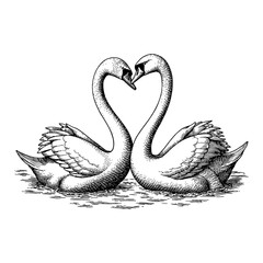 Two Swans Forming a Heart Shape Black and White Outline Line Art Drawing Illustration