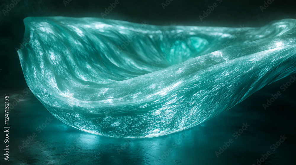 Poster a glowing abstract blue wave-like shape illuminated from within, symbolizing fluid motion and futuri