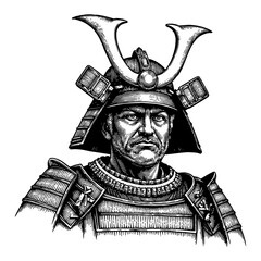 Obraz premium A Detailed Portrait of a Japanese Samurai Warrior Black and White Outline Line Art Drawing