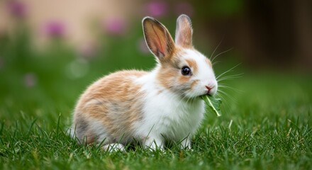 healthy Lovely bunny easter fluffy brown rabbits, cute baby rabbit on green garden nature background. The Easter brown hares. Close - up of a rabbit. Symbol of easter festival animal.