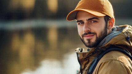 Smiling man in hat fishing close to the river
