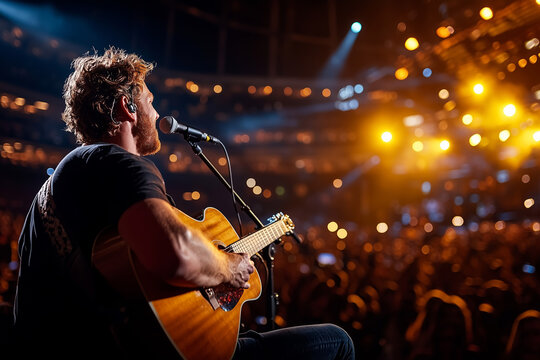 Man Playing Acoustic Guitar On Stage During Concert