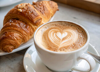 A cup of cappuccino with a heart-shaped latte art design, accompanied by a croissant on a saucer, all placed on a surface with a blurred background.