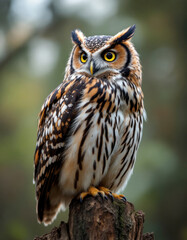 Obraz premium Portrait of an eurasian eagle-owl sitting on a glove