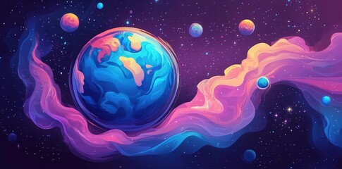 Cosmic Planet Swirls Through Vibrant Nebula Space