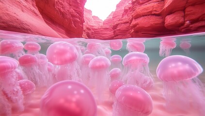 Underwater view of pink jellyfish in crystal clear water surrounded by stunning rock formations at midday
