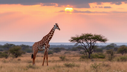 Obraz premium African Giraffe in front of an acacia tree at sunset