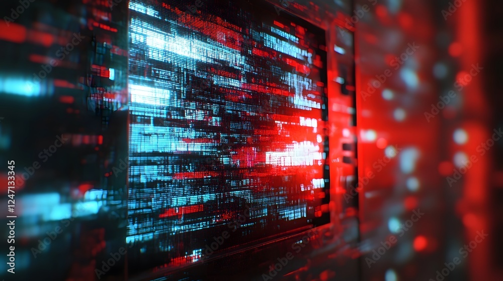 Poster Vibrant digital data visualization with a futuristic neon red and blue color scheme showcasing a dynamic and abstract matrix of pixels circuits and binary code