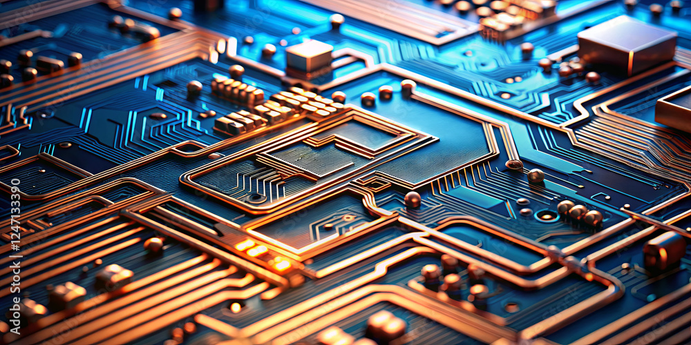 Poster detailed view of a complex circuit board highlights the intricate pathways and structures used in mo
