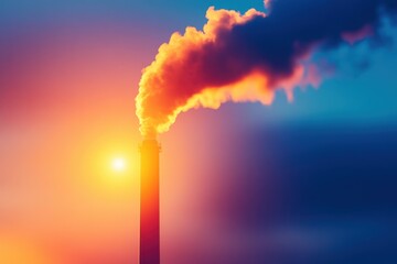 Fototapeta premium Smoking industrial chimney with sunset sky