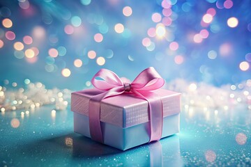 Fototapeta premium Pastel Pink Gift Box Double Exposure Blue Background