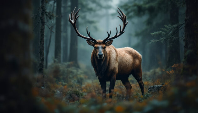 Elk or Moose, Alces alces in the dark forest during rainy day. Beautiful animal in the nature habitat. Wildlife scene from Sweden.