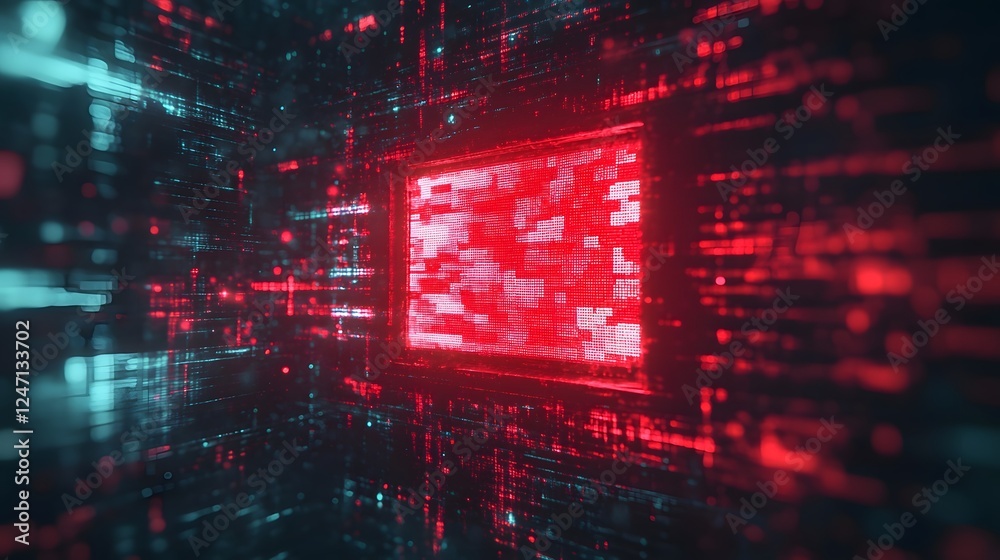 Aufkleber Vibrant digital landscape with futuristic data visualization and abstract geometrical patterns  Dynamic 3D rendering of a high tech digital environment with binary code algorithm animations