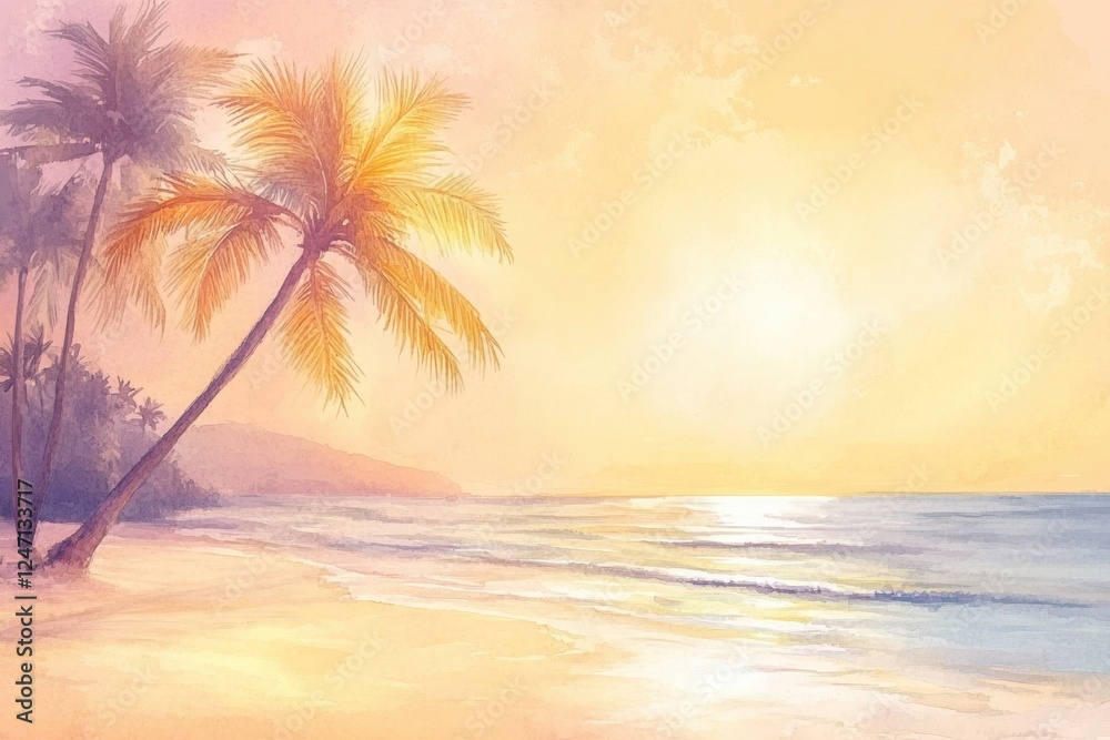Poster watercolor illustration of a tranquil beach at sunset with palm trees swaying in the gentle breeze. 