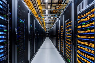 Futuristic data center with servers managing seamless streaming, ensuring smooth playback and minimal buffering for global audiences