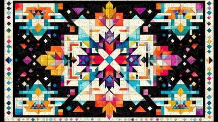 Vibrant Geometric Textile Art Composition with Intricate Southwestern Motif and Colorful Design.