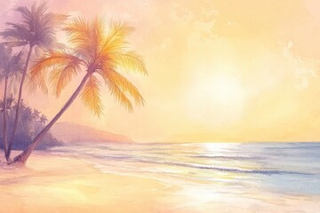 Watercolor illustration of a tranquil beach at sunset with palm trees swaying in the gentle breeze. Generative AI