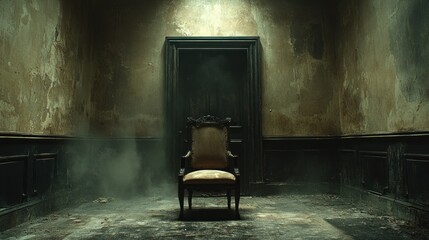 Abandoned chair in smoky, decaying room, doorway background