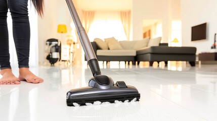 Female using vacuum cleaner on tile floor in modern living room